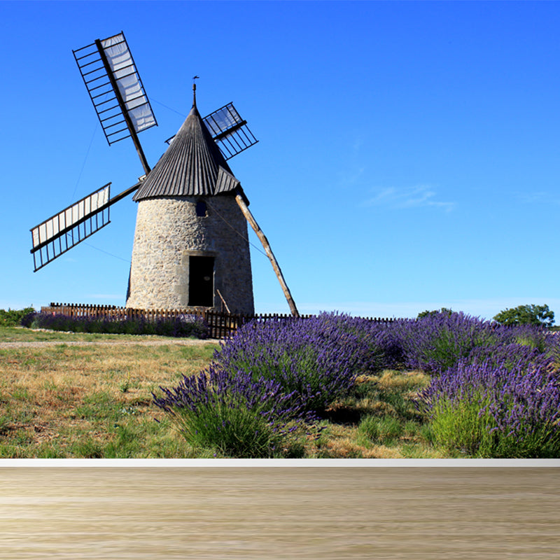 Full Size Photography Modern Mural Wallpaper with Windmill and Grassland in Green