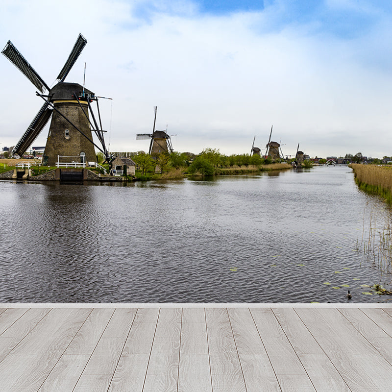 Full Size Photography Modern Mural Wallpaper with Spring Windmill Landscape in Blue