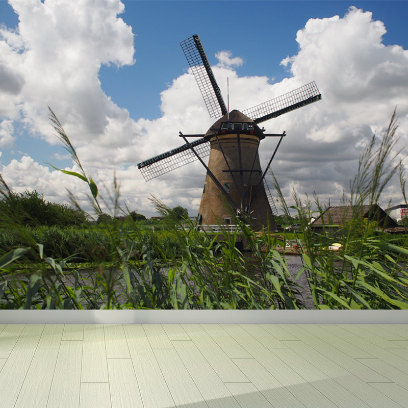 Full Size Photography Modern Mural Wallpaper with Spring Windmill Landscape in Blue
