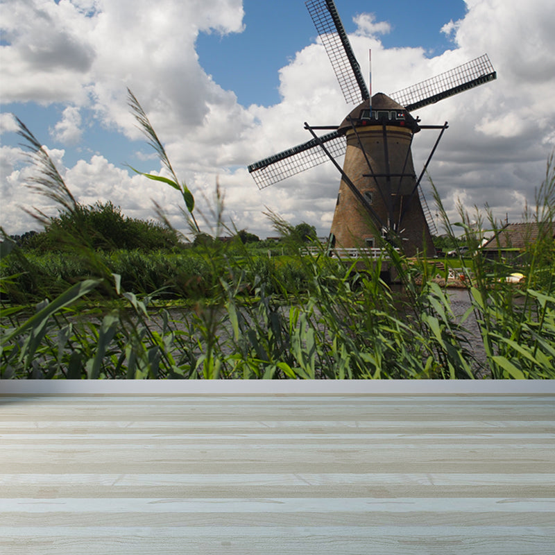 Full Size Photography Modern Mural Wallpaper with Spring Windmill Landscape in Blue