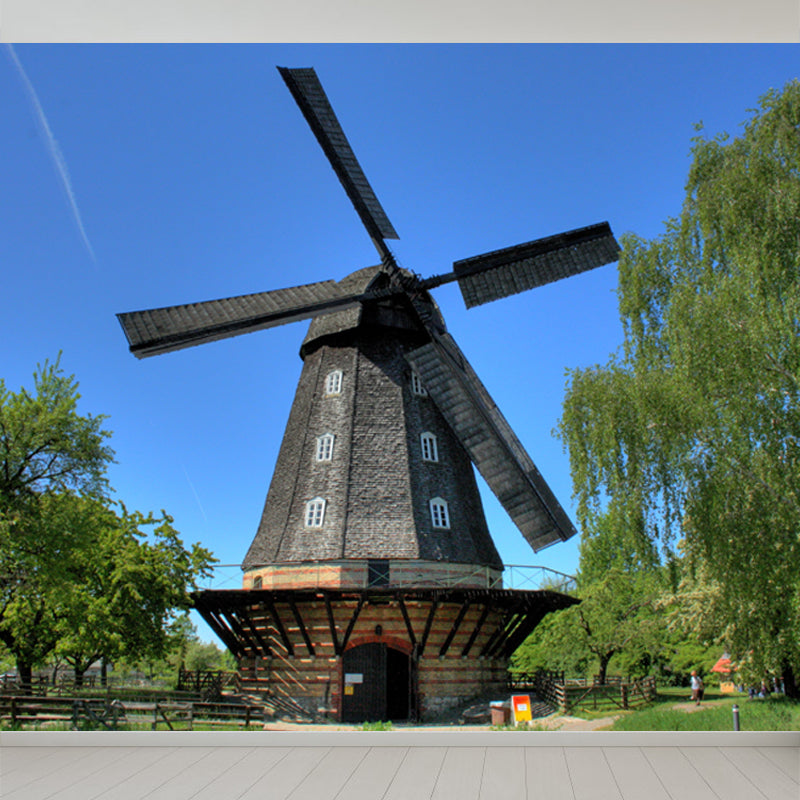 Full Size Photography Modern Mural Wallpaper with Spring Windmill Landscape in Blue