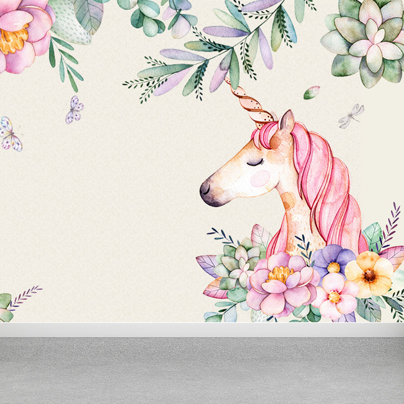 Standing Unicorn Mural Children's Art Non-Woven Cloth Wall Covering in Pastel Color