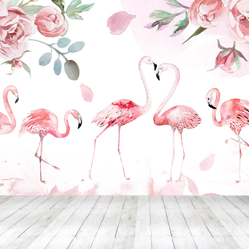 Modern Wild Flamingos Mural Decal Pink Waterproofing Wall Covering for Guest Room