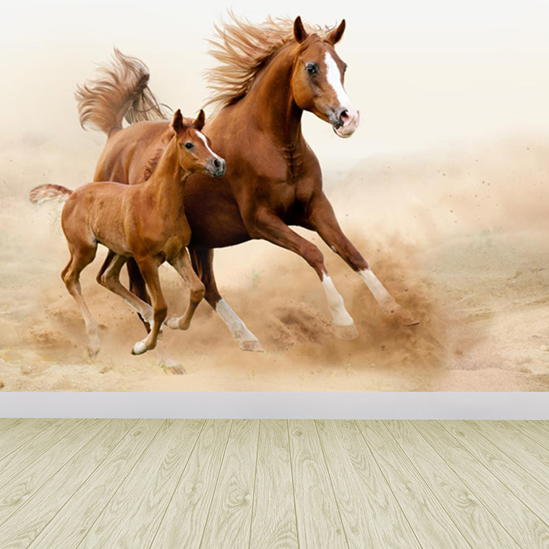 Running Horse Scenery Mural Decal for Girls Bedroom, Brown, Custom Size Available