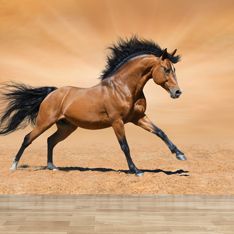 Running Horse Scenery Mural Decal for Girls Bedroom, Brown, Custom Size Available