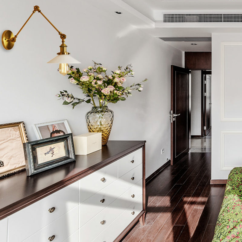 1 Light Saucer Shade Sconce Light Fixture Industrial Brass/Bronze Frosted Glass Wall Lamp with Swing Arm