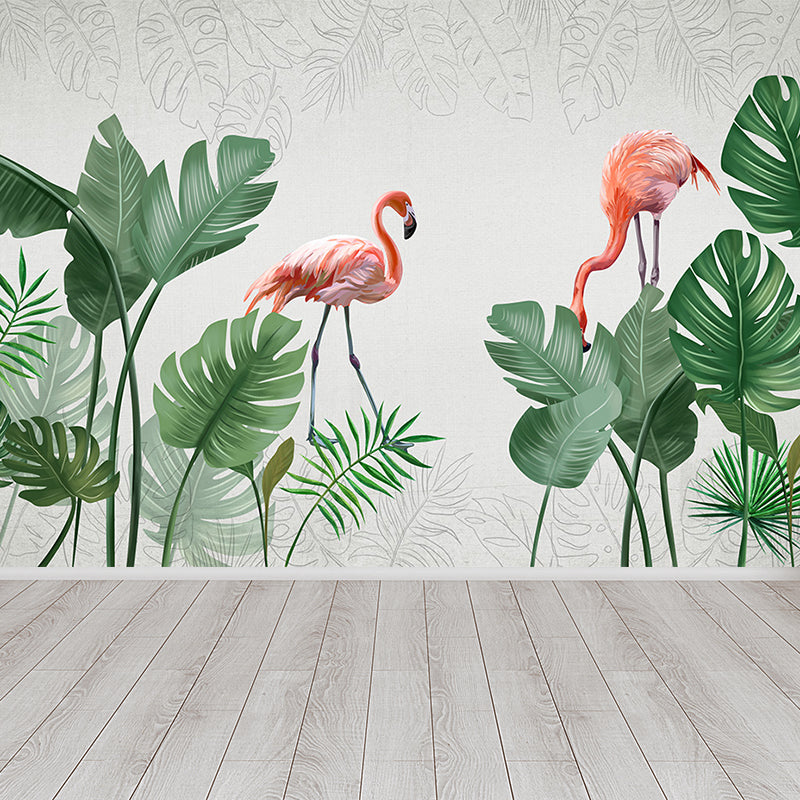 Flamingos and Leaves Wall Mural Modern Decorative Living Room Wall Covering, Custom