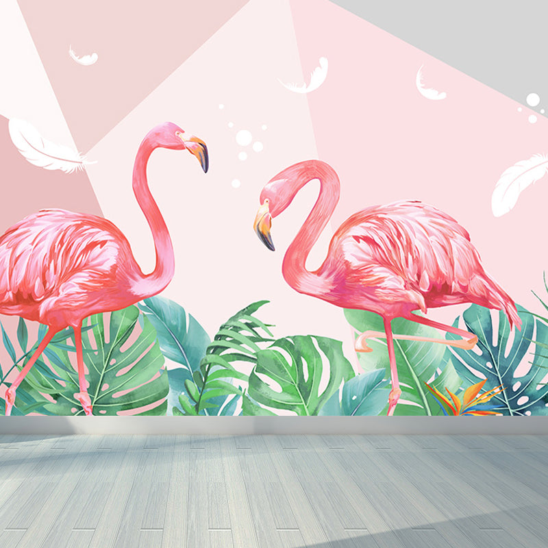 Flamingos and Leaves Wall Mural Modern Decorative Living Room Wall Covering, Custom