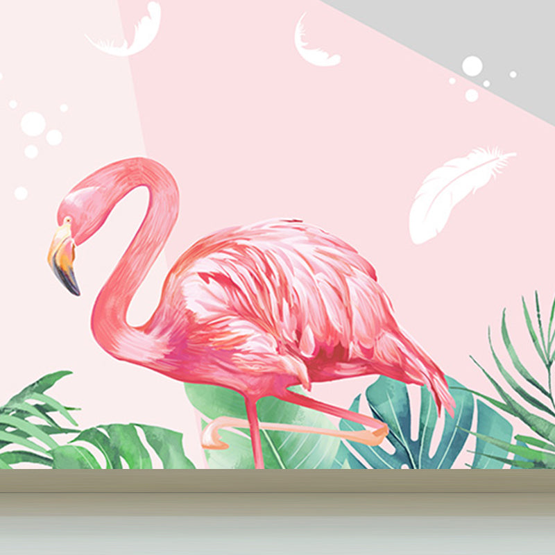 Flamingos and Leaves Wall Mural Modern Decorative Living Room Wall Covering, Custom
