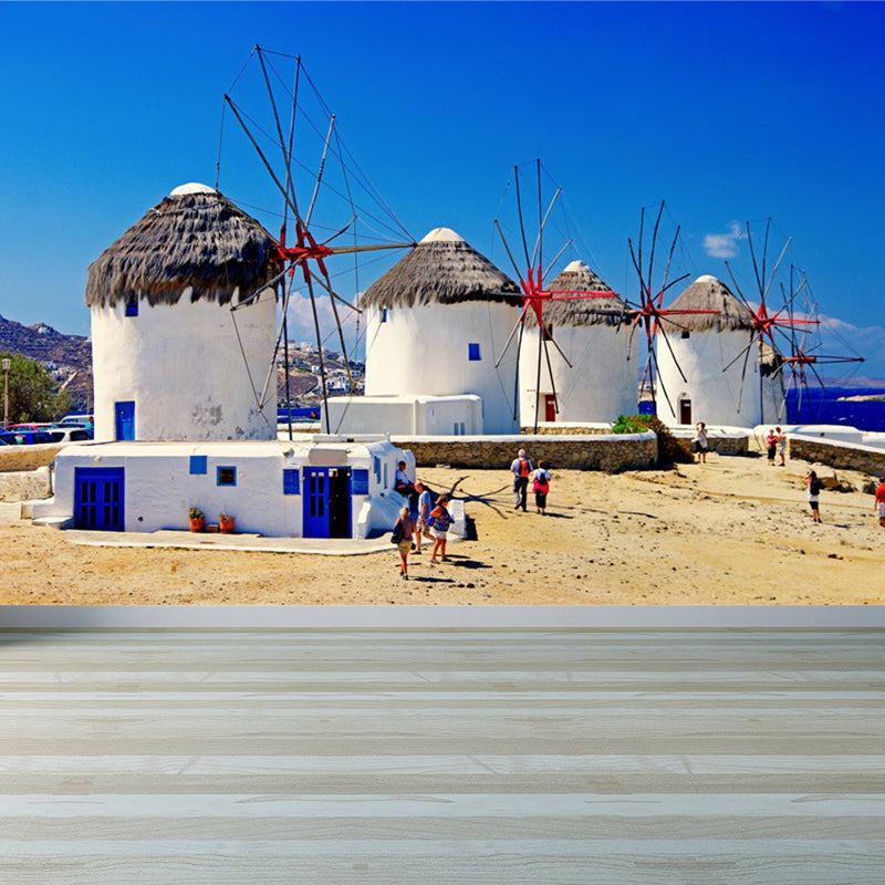 Huge Windmill Mural for Bathroom Nature Landscape Wall Art in Blue, Stain Resistant