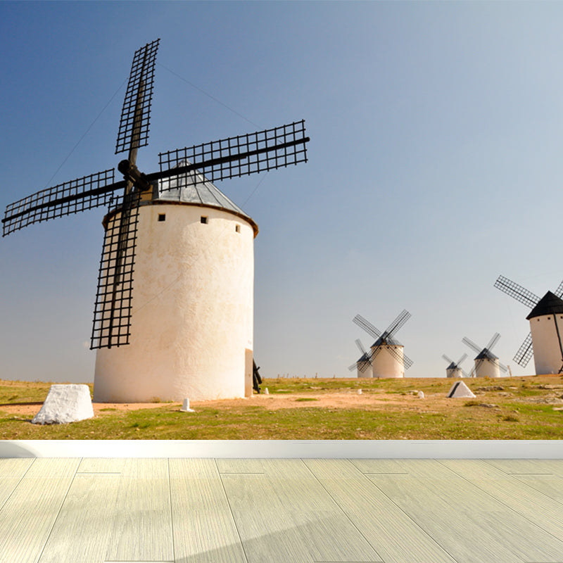 Romantic Windmill Scene Mural Decal for Girls Bedroom, Blue, Custom Size Available