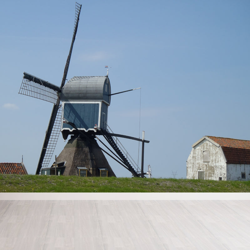 Romantic Windmill Scene Mural Decal for Girls Bedroom, Blue, Custom Size Available