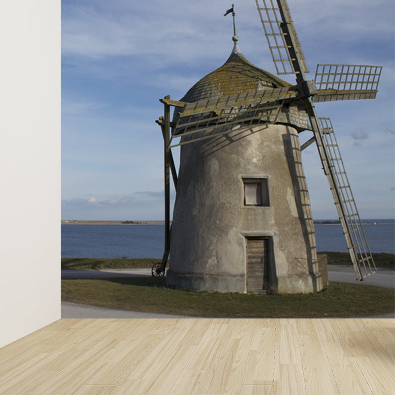 Romantic Windmill Scene Mural Decal for Girls Bedroom, Blue, Custom Size Available