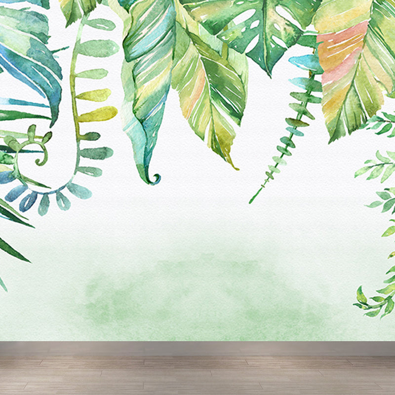 Light Color Diverse Leaves Mural Moisture Resistant Tropical Living Room Wall Covering