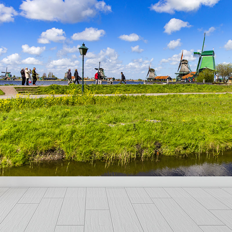 Relaxing Windmill and Cloud Mural Decal for Living Room, Blue, Custom Size Available