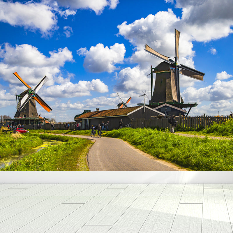 Relaxing Windmill and Cloud Mural Decal for Living Room, Blue, Custom Size Available