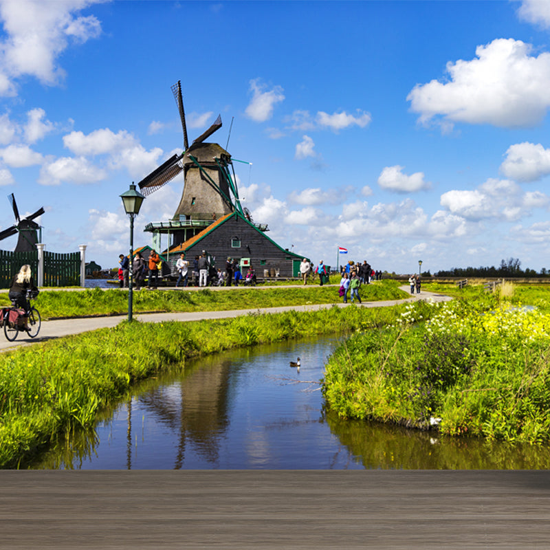 Relaxing Windmill and Cloud Mural Decal for Living Room, Blue, Custom Size Available