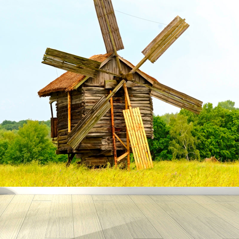 Huge Autumn Windmill Mural for Bedroom Landscape Wall Art in Soft Color, Stain Resistant