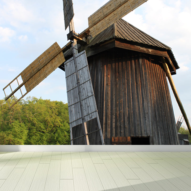 Huge Autumn Windmill Mural for Bedroom Landscape Wall Art in Soft Color, Stain Resistant