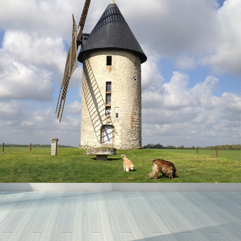 Huge Autumn Windmill Mural for Bedroom Landscape Wall Art in Soft Color, Stain Resistant