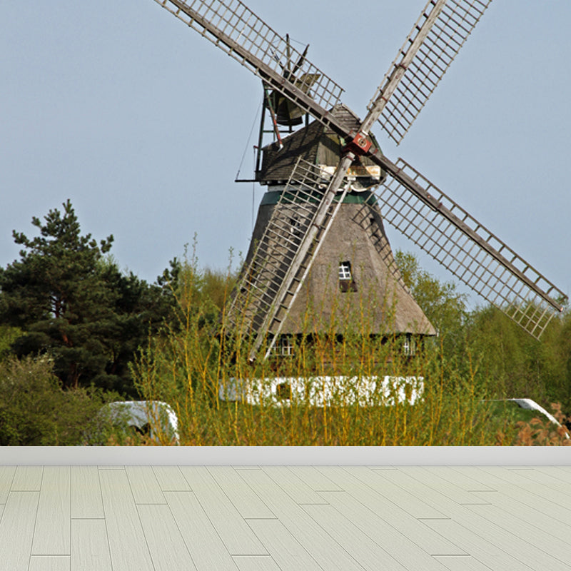 Huge Autumn Windmill Mural for Bedroom Landscape Wall Art in Soft Color, Stain Resistant