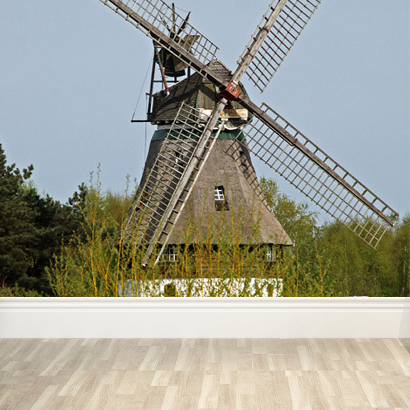 Huge Autumn Windmill Mural for Bedroom Landscape Wall Art in Soft Color, Stain Resistant