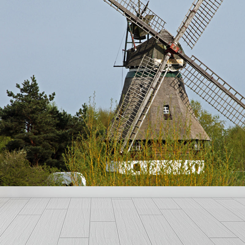 Huge Autumn Windmill Mural for Bedroom Landscape Wall Art in Soft Color, Stain Resistant