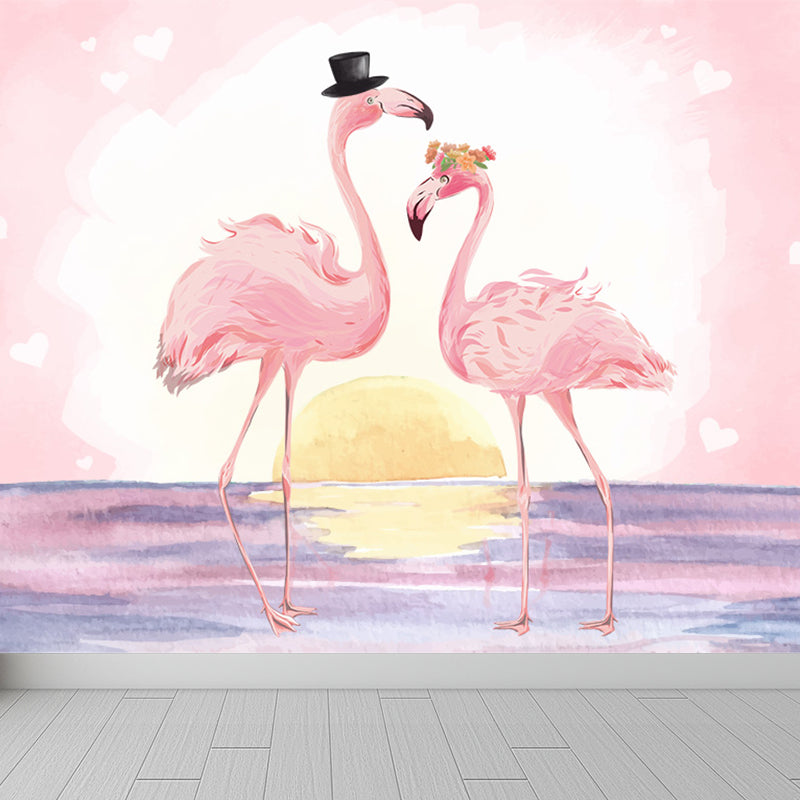 Stand-Up Flamingo Mural Decal Light Color Contemporary Wall Covering for Dining Room