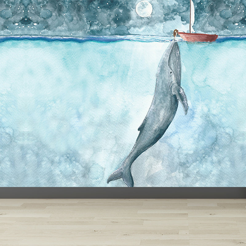 Great Whale and Sea Mural Wallpaper Children's Art Non-Woven Material Wall Covering