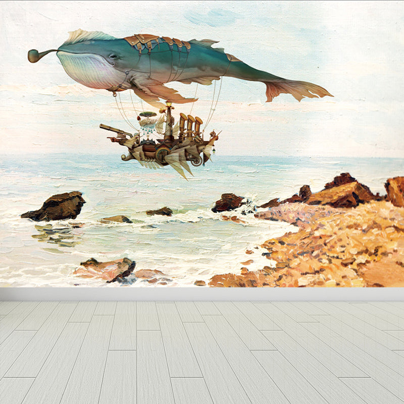 Whale and Sea Mural Decal Pastel Color Children's Art Wall Covering for Kids Room