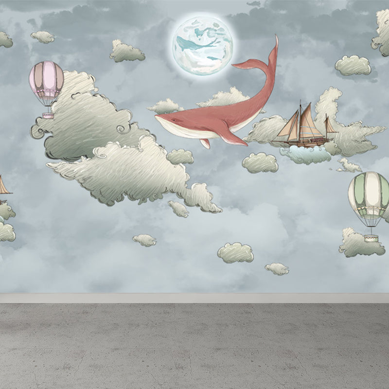 Whale and Sea Mural Decal Pastel Color Children's Art Wall Covering for Kids Room