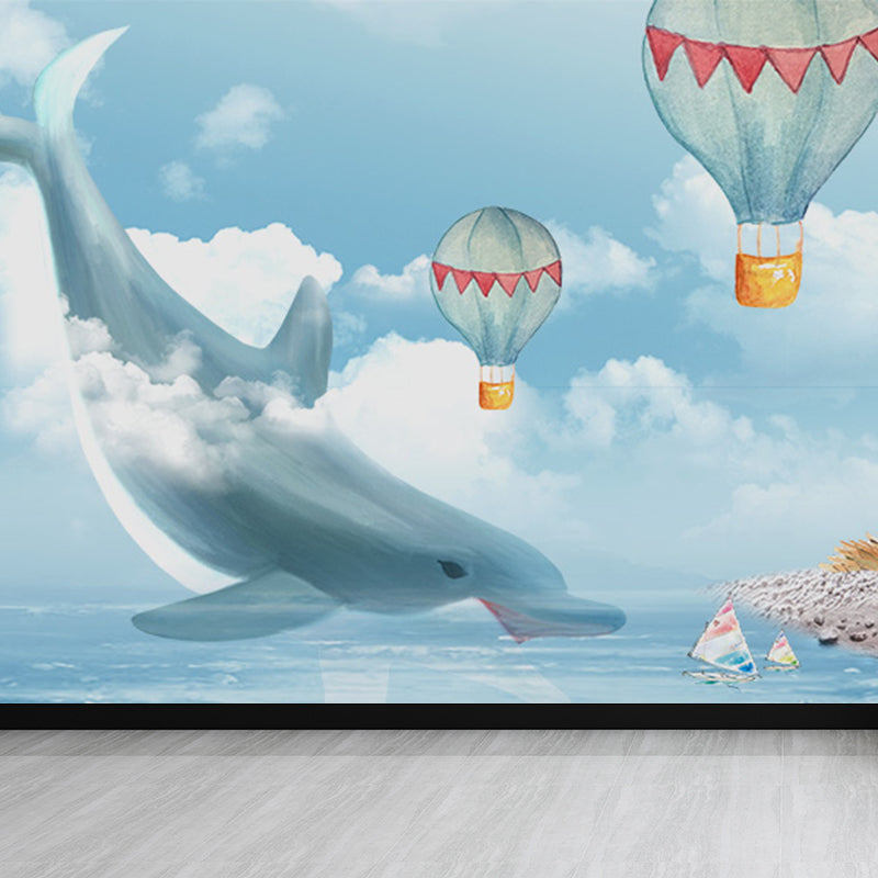 Whale and Sea Mural Decal Pastel Color Children's Art Wall Covering for Kids Room