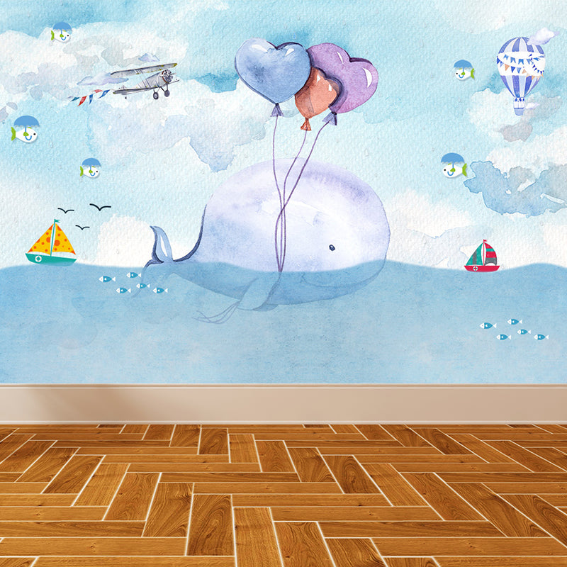 Whale and Sea Mural Decal Pastel Color Children's Art Wall Covering for Kids Room