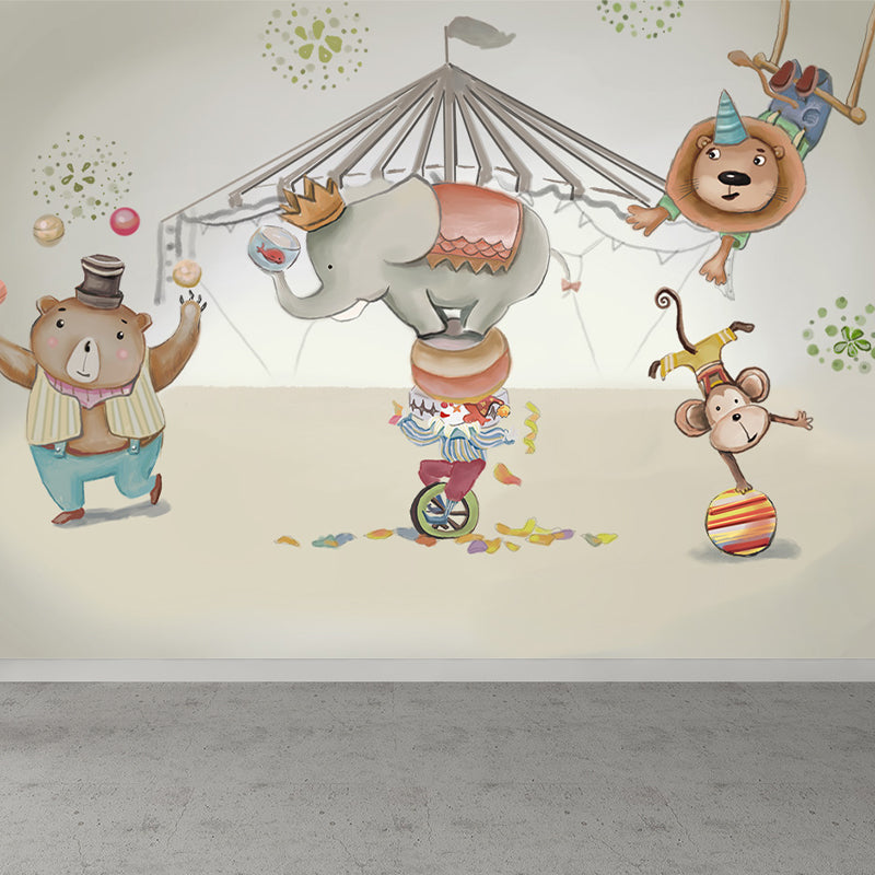 Customised Illustration Kid's Style Mural Wallpaper with Cartoon Animals in Light Color
