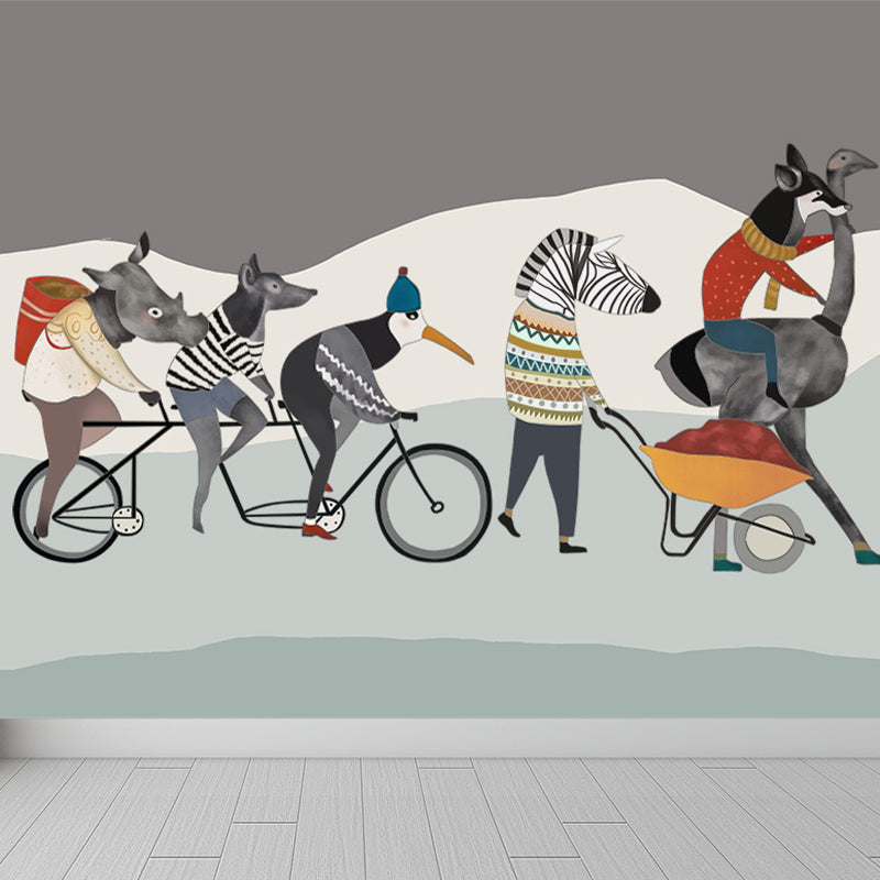 Interesting Cartoon Animals Mural Decal for Kids Bedroom, Soft Color, Custom Size Available