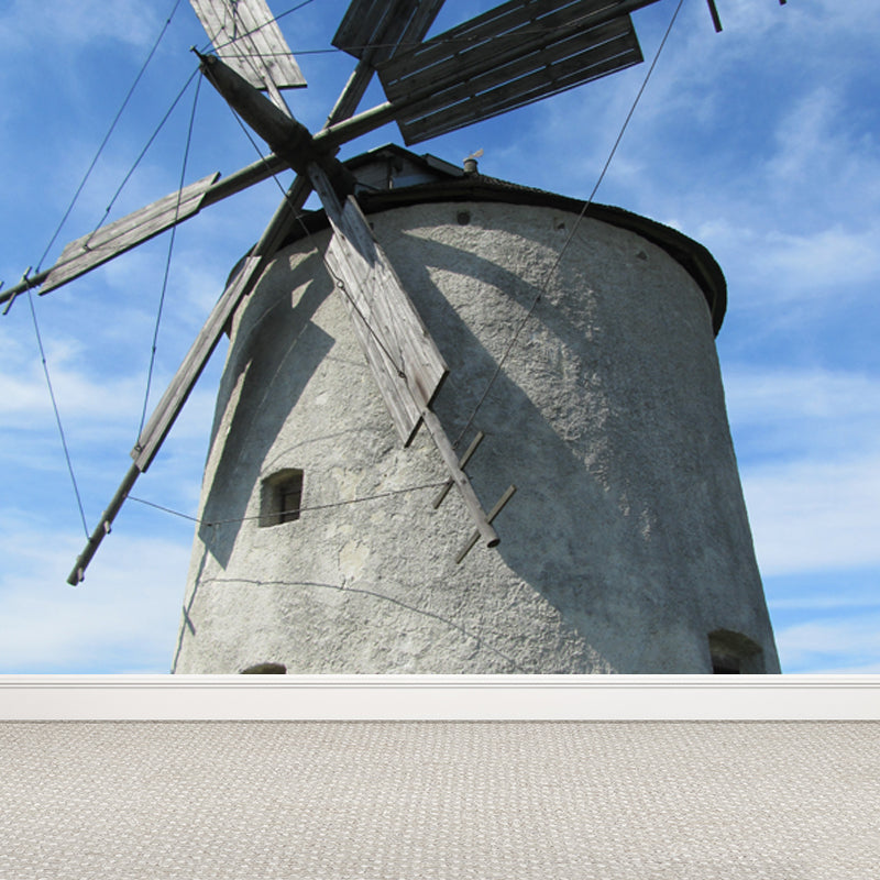 Giant Contemporary Wall Mural in Blue Windmill and Sky Scene Wall Decor, Custom Printed
