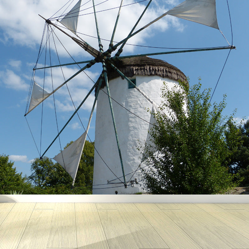 Giant Contemporary Wall Mural in Blue Windmill and Sky Scene Wall Decor, Custom Printed