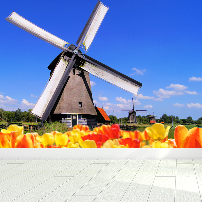 Large Static Windmill Mural Wallpaper Modern Landscape Wall Decor in Light Color