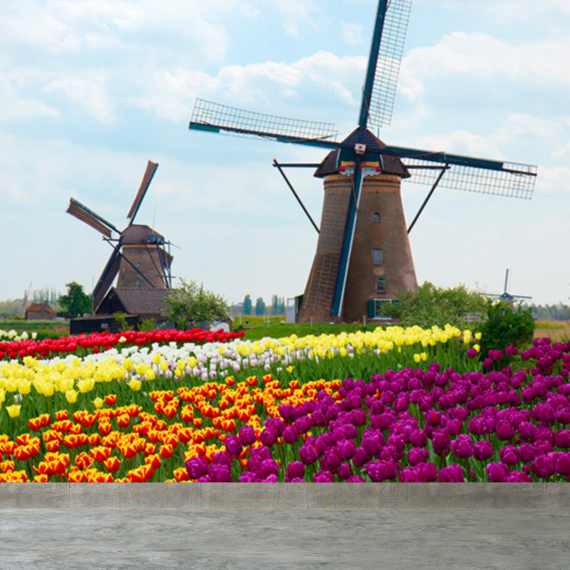 Large Static Windmill Mural Wallpaper Modern Landscape Wall Decor in Light Color