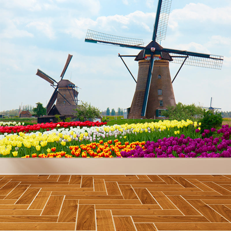 Large Static Windmill Mural Wallpaper Modern Landscape Wall Decor in Light Color