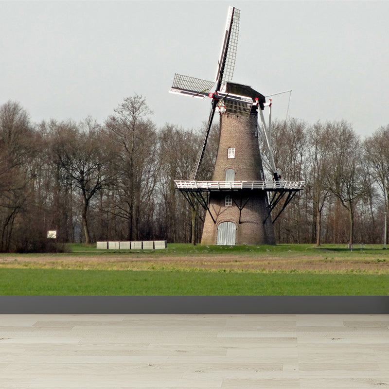 Large Static Windmill Mural Wallpaper Modern Landscape Wall Decor in Light Color