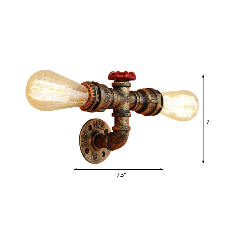 Bronze/Antique Brass 2 Heads Wall Light Fixture Warehouse Style Wrought Iron Bare Bulb Sconce Lamp with Pipe and Valve