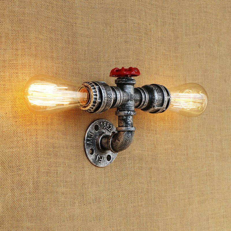 Bronze/Antique Brass 2 Heads Wall Light Fixture Warehouse Style Wrought Iron Bare Bulb Sconce Lamp with Pipe and Valve