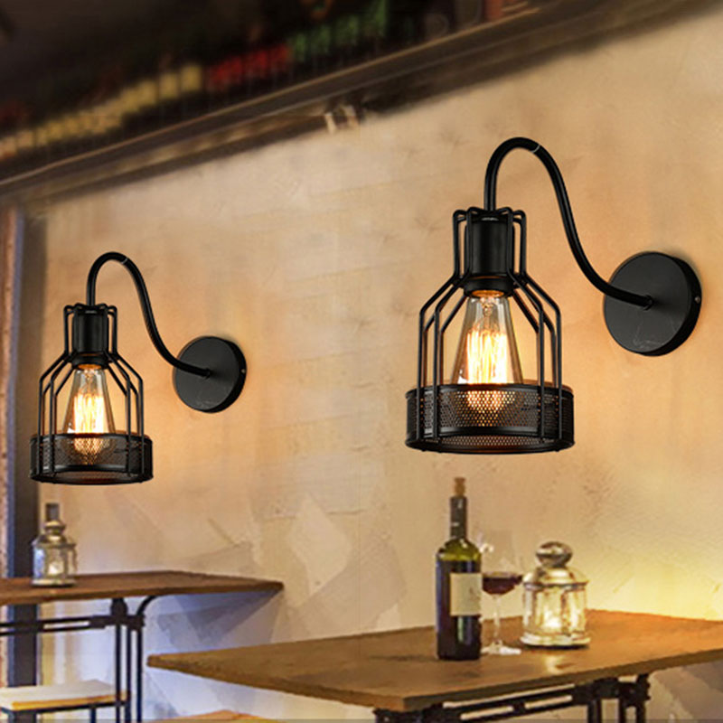 Bottle Cage Metal Wall Mount Light with Gooseneck Arm Industrial 1 Head Bar Wall Sconce Lighting in Black