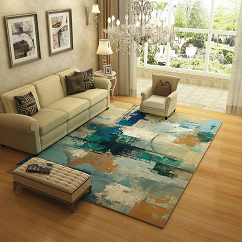 Blue and Brown Bedroom Rug Modern Abstract Painting Pattern Area Rug Polyester Washable Carpet