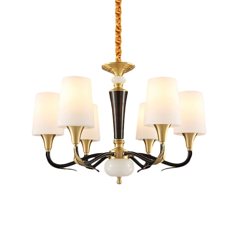 Melkachtig glas zwarte slinger lamp langwerpige kegel 6-licht landelijke hanger kroonluchter voor eetzaal