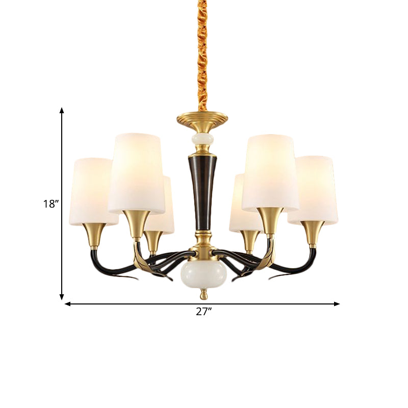 Melkachtig glas zwarte slinger lamp langwerpige kegel 6-licht landelijke hanger kroonluchter voor eetzaal