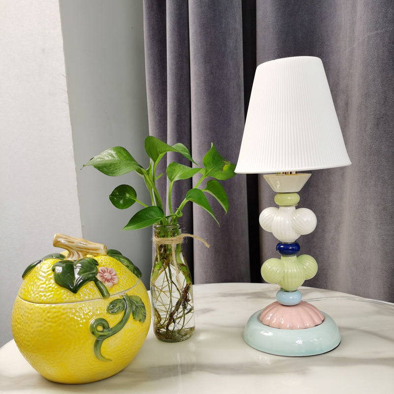 Fabric Conical Reading Book Light Kids 1-Light Table Lamp with Round Ceramic Base in White