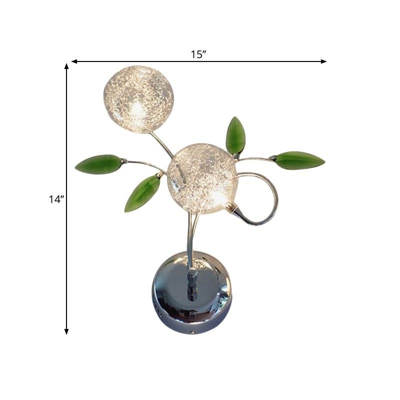 Simple Leaf Wall Mount Lamp Green Crystal 2 Light Bedside Wall Lighting Ideas with Class Glass Shade in Chrome