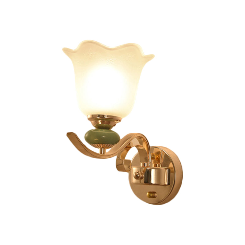 Floral Bedside Wall Lighting Retro Style Milky Glass 1/2-Light Gold Wall Mounted Lamp with Scroll Arm